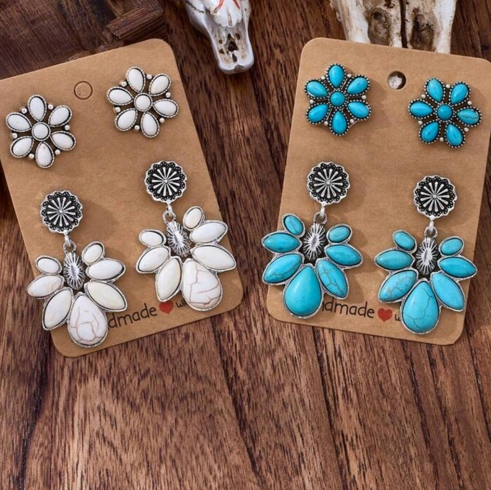 Handmade Boho Western Style Floral Drop Earrings And Studs - White and Turquoise